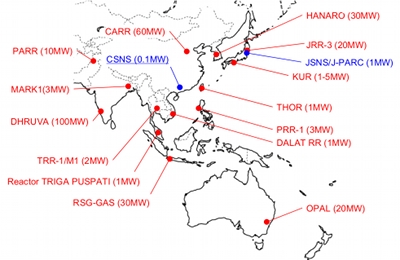 Figure 1: Major Neutron Sources/Facilities in the Asia-Oceania Region. Reactor Sources (Red) and Spallation Neutron Sources (Blue).