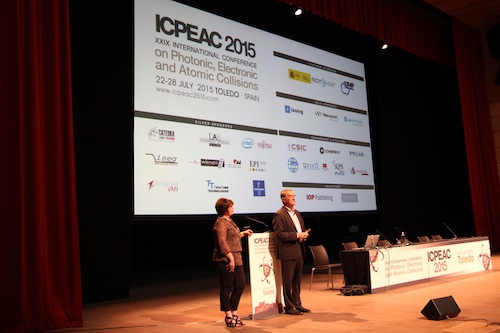 Serge Haroche at ICPEAC 2015 with Dominique Vernhet