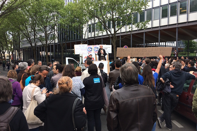 March For Science in Paris - Michel Spiro, President of the French Physical Society, speaks in front of participants