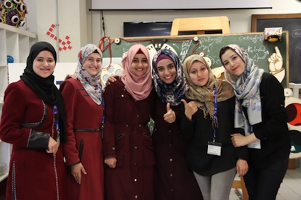 At the ICTP SciFabLab. Participants from left to right: Nirmeen, Azhar, Fatima, Randa (Bethlehem University); Souad, Caouthar (Beni Mellal University).
