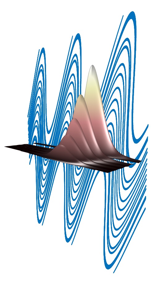 Soft-X ray amplification of a seeded echo free electron laser. Image shows a schematic representation of the phase space of the electron beam as optimized by EEHG (blue) emitting the FEL amplified coherent radiation in the radiator (growing Gaussian curves)