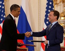 Presidents Obama and Medvedev after signing the nuclear arms reduction treaty in 2010.